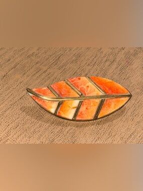 Signed Artisan Leaf Brooch Handcrafted Mixed Media Statement Pin in Orange Tones